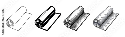 Four rolled sheets of material presented in various artistic styles including outline, solid, hatched, and stippled designs.