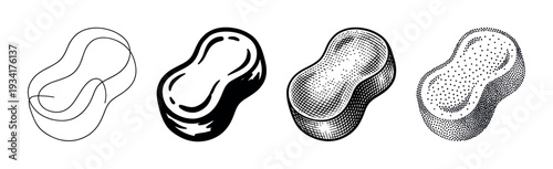 Set of four stylized cleaning sponges depicted with diverse black and white graphic illustration techniques.