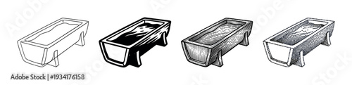 Four different styles of rectangular troughs are displayed featuring various artistic rendering techniques.