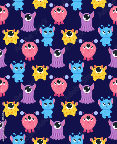 Vector seamless pattern with bizarre cartoon aliens. Texture with happy monsters on dark violet background
