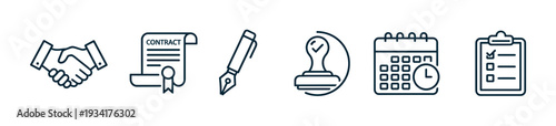 Business agreement and legal process icons set illustrating various stages of deal making and official documentation.