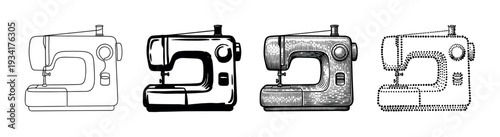 Four different sewing machine illustrations in various artistic styles representing craft, tailoring, and textile production.