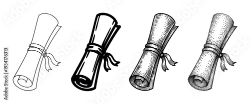 Four different styles of rolled paper scrolls tied with a ribbon, representing education, achievement, or ancient documents.