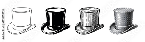 Four distinct top hats are illustrated in various black and white artistic styles, showcasing different rendering techniques.