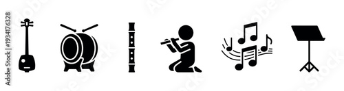 Traditional musical instruments and symbols representing Japanese culture are displayed as a collection of black silhouette icons.