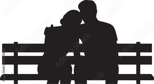 Black silhouette of couple kissing on bench
