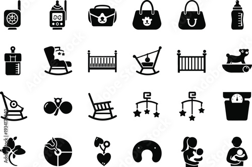 a collection of black silhouette icons depicting various baby and childcare related items including toys furniture and accessories high quality professional
