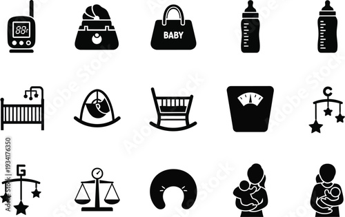 a collection of simple black and white vector icons depicting various baby related items and concepts suitable for design projects