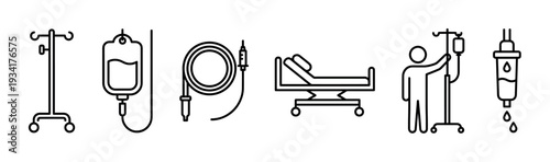 Medical hospital equipment icons set depicting various essential healthcare tools and patient treatment items.