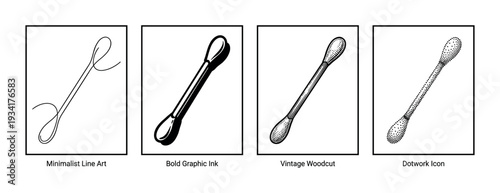 Cotton swab different artistic styles vector illustration showcasing minimalist line art, bold graphic ink, vintage woodcut, and dotwork icon designs.