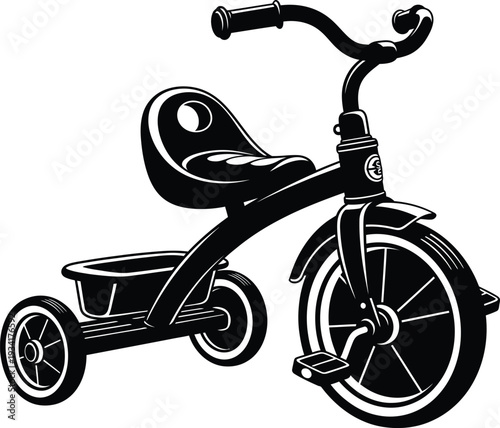a vintage black and white illustration depicts a classic tricycle with a comfortable seat and large wheels appealing to nostalgia