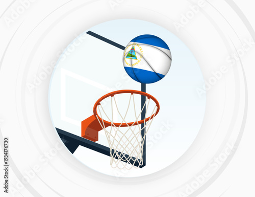 Nicaragua Flag Themed Basketball in Motion, Scoring Moment in Basketball Game.