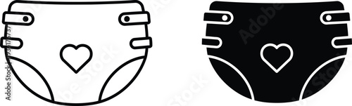 A simple illustration depicts two contrasting baby diaper icons one white with a black outline and one black each with a heart design