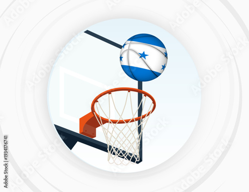 Honduras Flag Themed Basketball in Motion, Scoring Moment in Basketball Game.