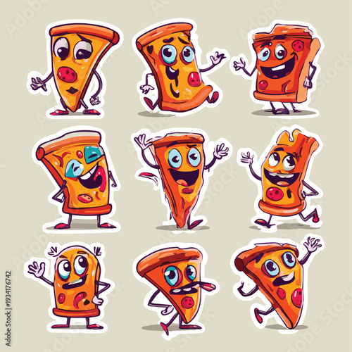 Create a different kinds of Retro cartoon pizza character pizza. Cool pizza mascot slice poses for fast food cafe pizzeria logo, groovy stickers vector set