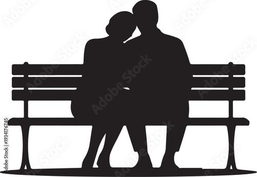 Black silhouette of couple kissing on bench