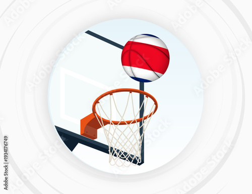 Costa Rica Flag Themed Basketball in Motion, Scoring Moment in Basketball Game.