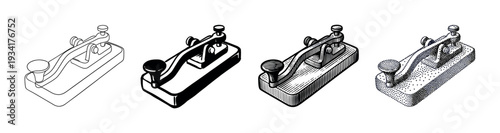 Vintage telegraph key illustrations in various artistic styles representing old communication technology and historical devices.