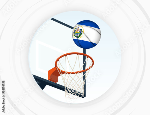 El Salvador Flag Themed Basketball in Motion, Scoring Moment in Basketball Game.