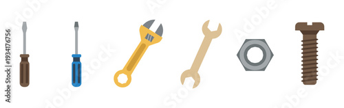 Various hand tools and fasteners are neatly arranged in a flat design style, ready for repair and construction projects.