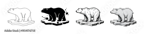 Polar bear standing on an ice floe depicted in various artistic styles including outline, silhouette, engraving, and halftone.