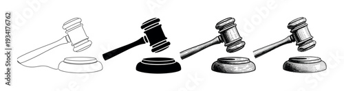 Gavel and sound block symbols in various styles representing legal authority, justice, and auction decisions.