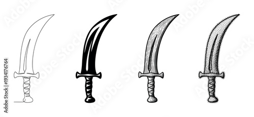 Four different curved sword illustrations in various artistic styles, showcasing diverse drawing techniques from line art to stippling.