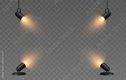 Set of realistic spotlights with yellow light PNG. Light source, stage lighting.