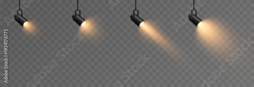Set of realistic spotlights with yellow light PNG. Light source, stage lighting.