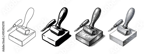 Rubber stamp and carving tool illustrations in various styles showcasing different artistic techniques for printmaking and crafting.