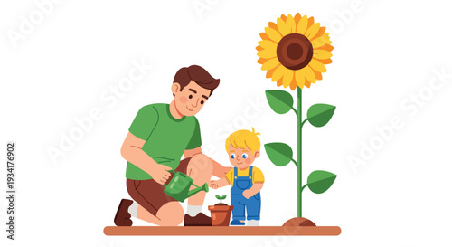 Illustration of a man and a child planting a small potted plant next to a large sunflower on a brown surface against a white background with a warm and playful mood.
