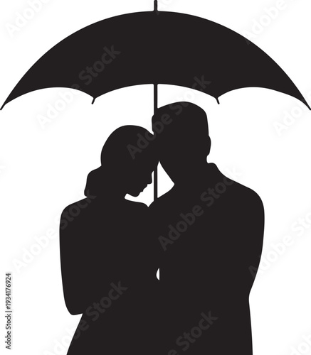 Black silhouette of couple kissing under umbrella