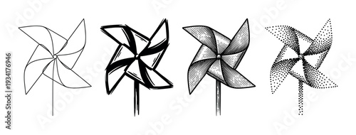 Four different styles of pinwheel illustrations are displayed together, showcasing various artistic techniques for graphic design.