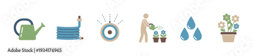 Gardening and watering tools and activities icons collection representing essential elements for plant care and growth.