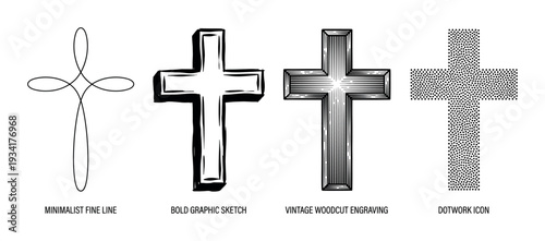 Collection of cross icons in different artistic styles including minimalist, sketch, engraving, and dotwork.