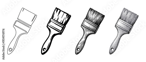 Collection of paint brushes rendered in diverse artistic styles, including outline, solid, hatched, and stippled designs.