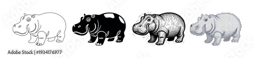 Collection of hippopotamus illustrations in diverse artistic styles including outline, silhouette, woodcut, and halftone.