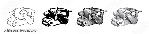 Belt sander tool presented in four distinct artistic styles including outline, solid, engraved, and stippled illustrations for various design projects.
