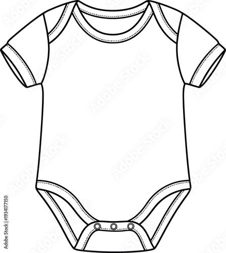 a simple black and white line drawing depicts a baby bodysuit front view showing the snap closures and short sleeves