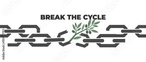 Break the cycle concept with broken chain and olive branch. Freedom and peace banner. Vector illustration