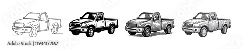 Four distinct stylized pickup truck illustrations showcase various artistic techniques and visual representations of the utility vehicle.