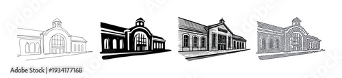 These four distinct graphic illustrations depict a classic train station building in various artistic styles.