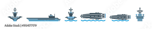 Aircraft carrier warship vessel military transportation icon set illustrating various perspectives and components of a large naval ship.