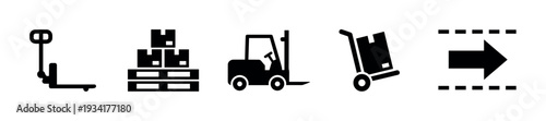 Logistics and delivery icons illustrating various warehouse operations, material handling, and transportation processes in a modern supply chain.
