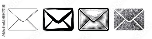 Four different stylized envelope mail message icons representing various artistic design approaches for digital communication.