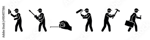 Construction worker and handyman icons represent various building, repair, and maintenance tasks for homes and businesses.