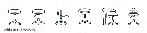Adjustable rolling stools line icon set collection showcasing different configurations, height adjustments, and practical applications.