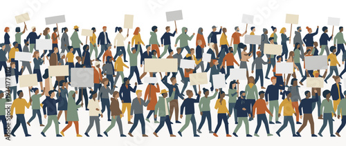 Crowd of people protesting with blank signs. Panoramic vector banner of public demonstration. Flat design illustration