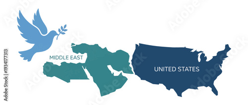 Peace dove between USA and Middle East maps. International diplomacy and conflict resolution concept. Vector illustration