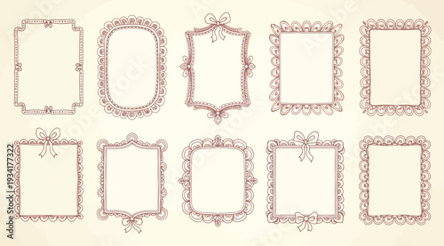 Collection of nine ornate red picture frames on beige background for photo or text decoration